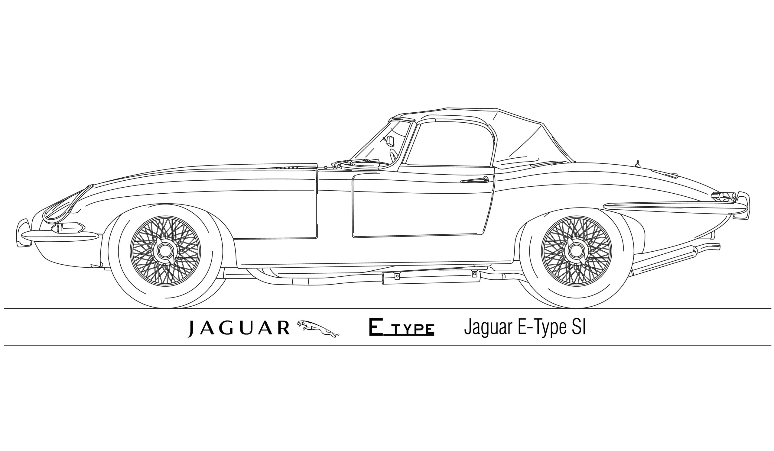 Jaguar E Type SI Spider vintage and classic car, outlined on the